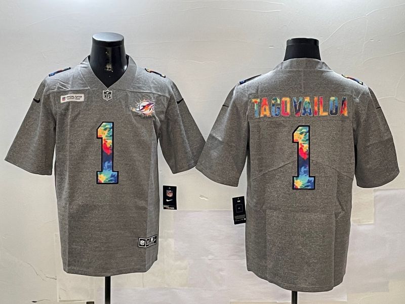 Men Miami Dolphins 1 Tagovailoa Grey Rainbow 2024 Nike Limited NFL Jersey style 1